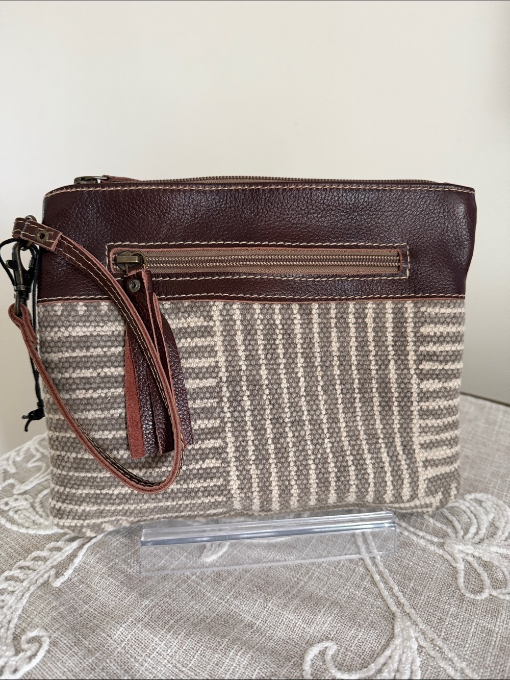 Myra NWOT Puzzled Pouch Wristlet Brown Leather & Beige fabric Wristlet Clutch
